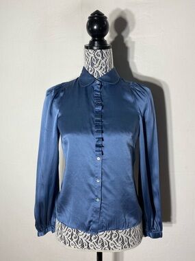 Vintage Y2K Max Studio Blue Silk Button Front Blouse W Ruffle Trim SP Twee